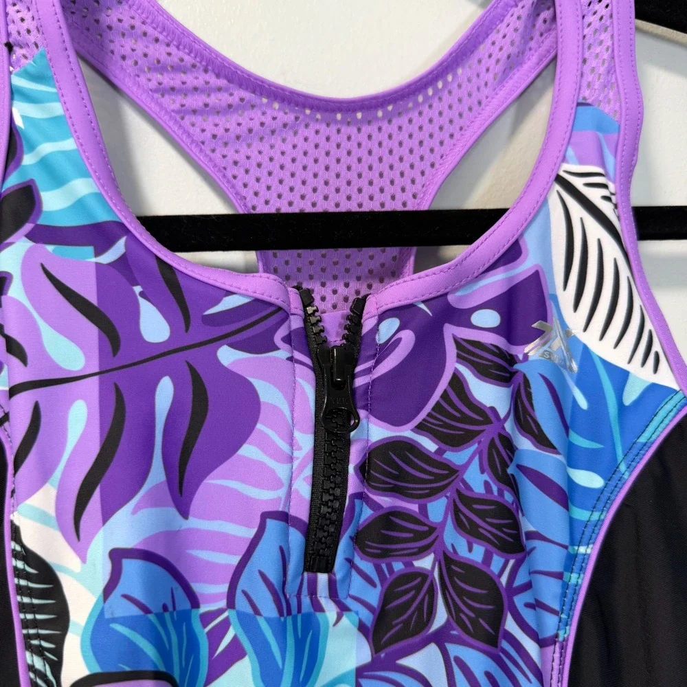 ZeroXposur‎ Girls Tropical Leaf One Piece Swimsuit Purple Blue Zip Front Sz L 14